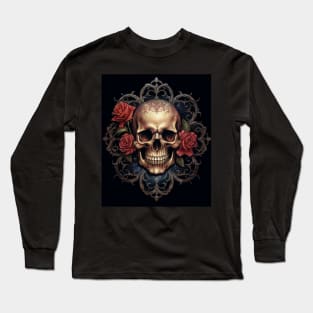 Eternal Beauty: Skull and Rose Illustration in Rococo Realms Long Sleeve T-Shirt